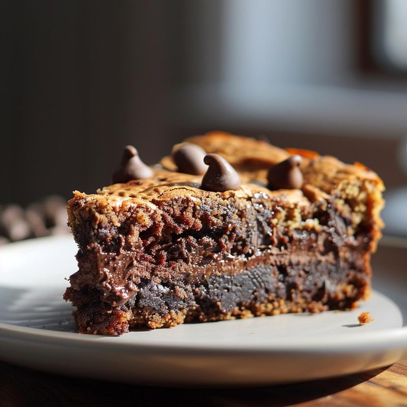 A close-up of a moist slice of chocolate dump cake on a light grey plate.