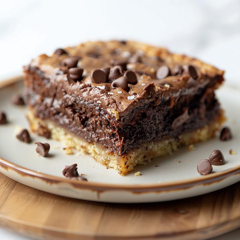 Close-up of a slice of German chocolate dump cake on a wooden board.