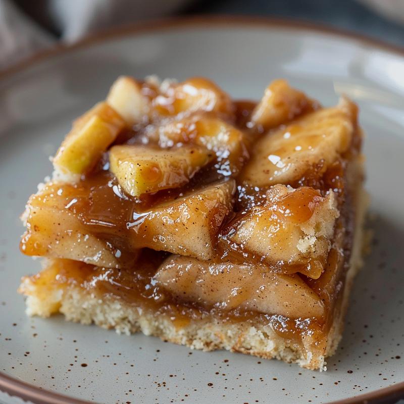 Close-up of a slice of caramel apple dump cake on a light grey plate.
