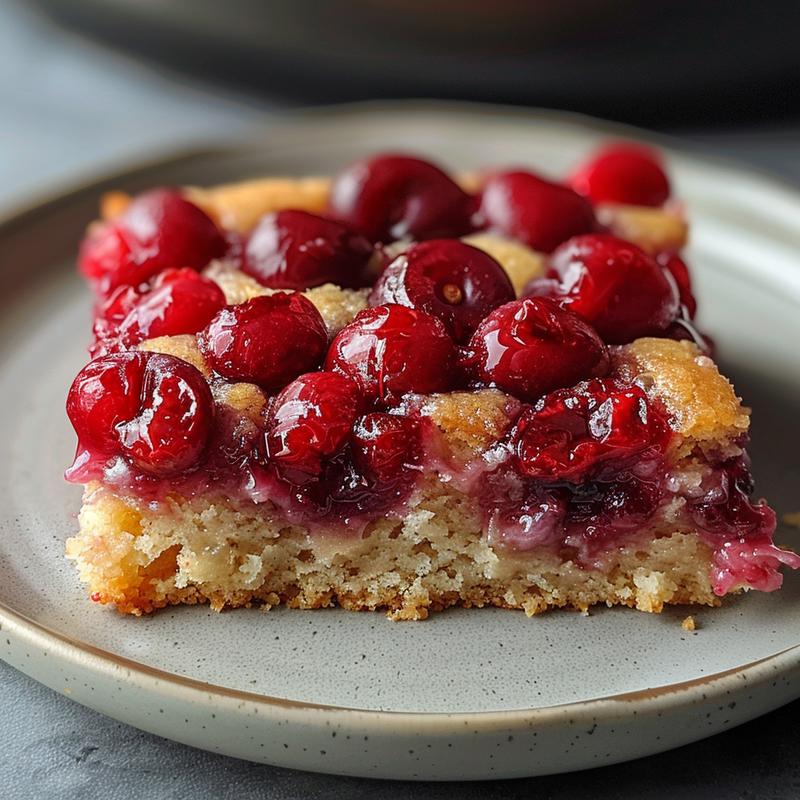 A close-up shot of a slice of cherry dump cake on a light grey ceramic plate.