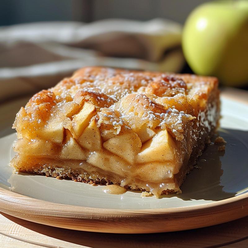 Close-up of a slice of apple dump cake on a wooden board.