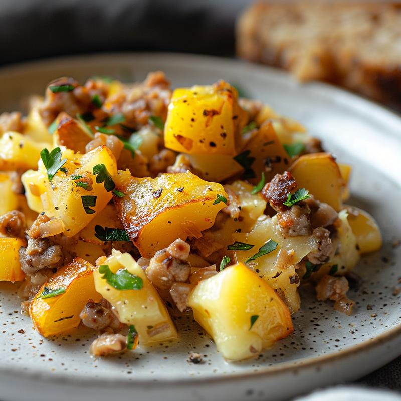 Close-up of a plated portion of German and American comfort food, showcasing texture and colors on a grey ceramic plate.