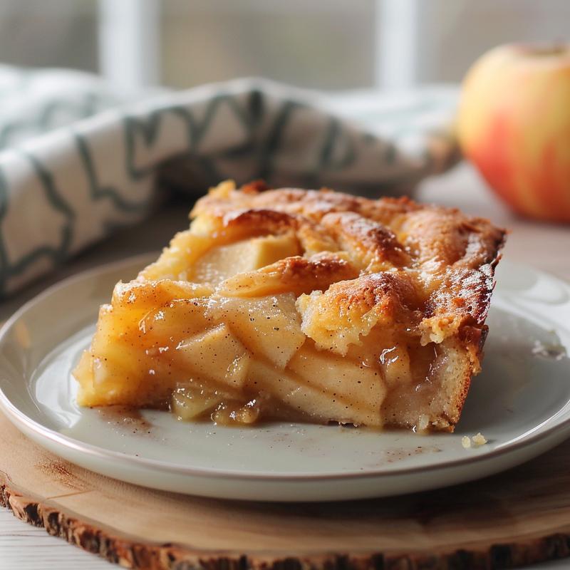 A close-up of a slice of apple dump cake on a light wood board.