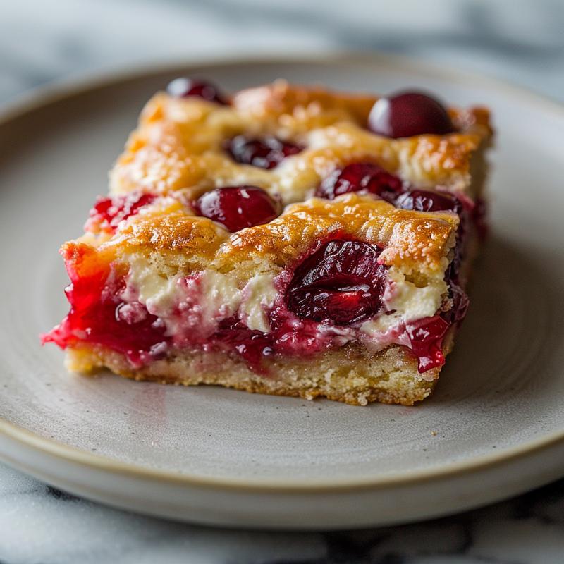 Close-up of a creamy slice of cherry dump cake on a grey ceramic plate.