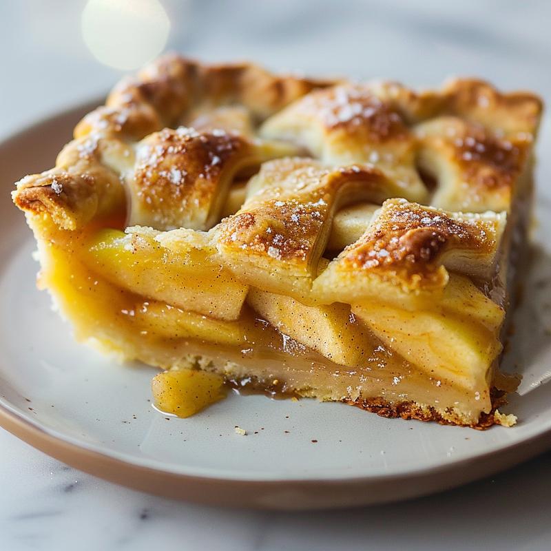 Close-up of a perfectly sliced apple pie dump cake on a white plate, placed on a white marble surface.