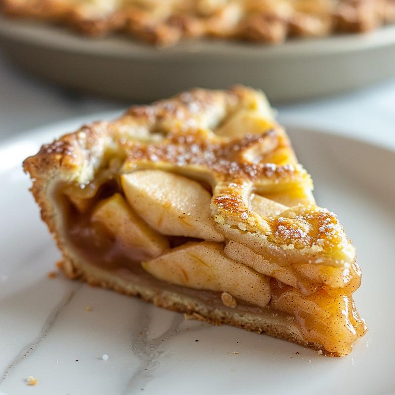 Close-up of a perfectly sliced apple pie dump cake on a white marble surface.