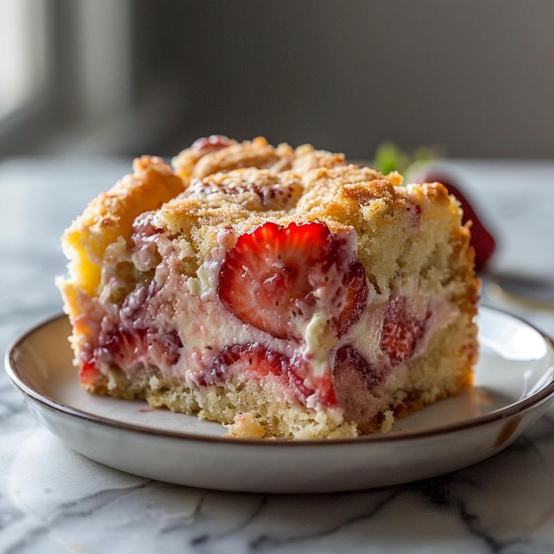 A close-up of a slice of strawberry cream cheese dump cake on a white plate against a marble surface, showcasing its texture and layers.