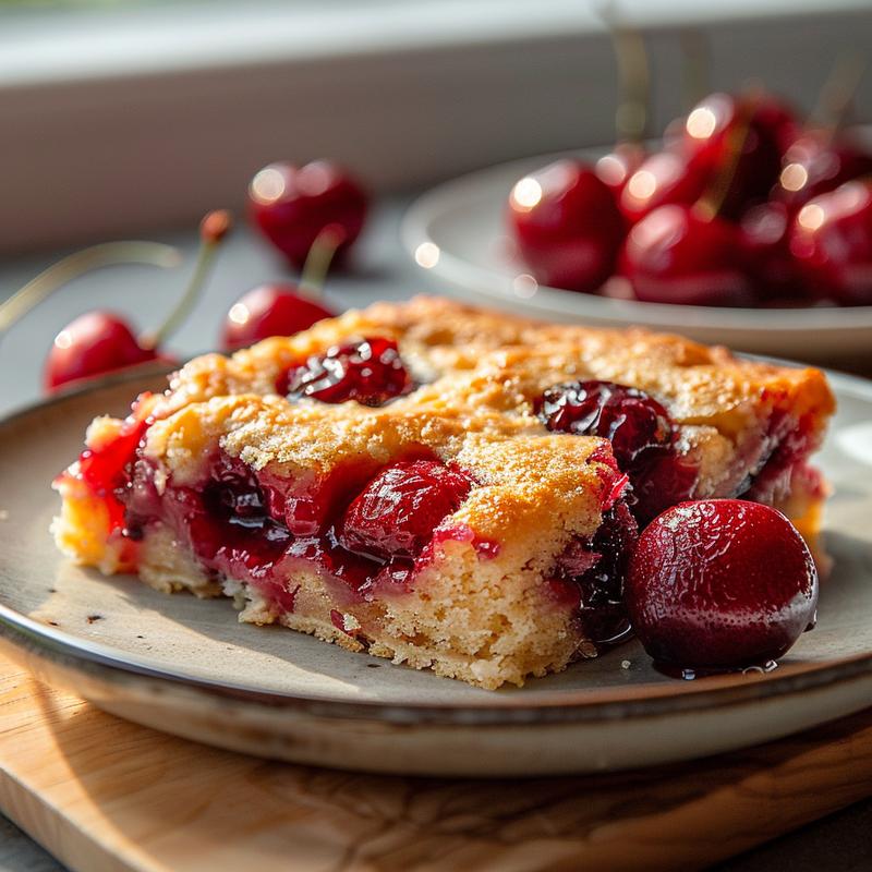 A perfectly sliced piece of cherry dump cake on a natural wood board.