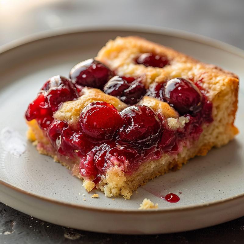 A close-up of a slice of cherry dump cake on a light grey plate, showcasing its moist texture and toppings.