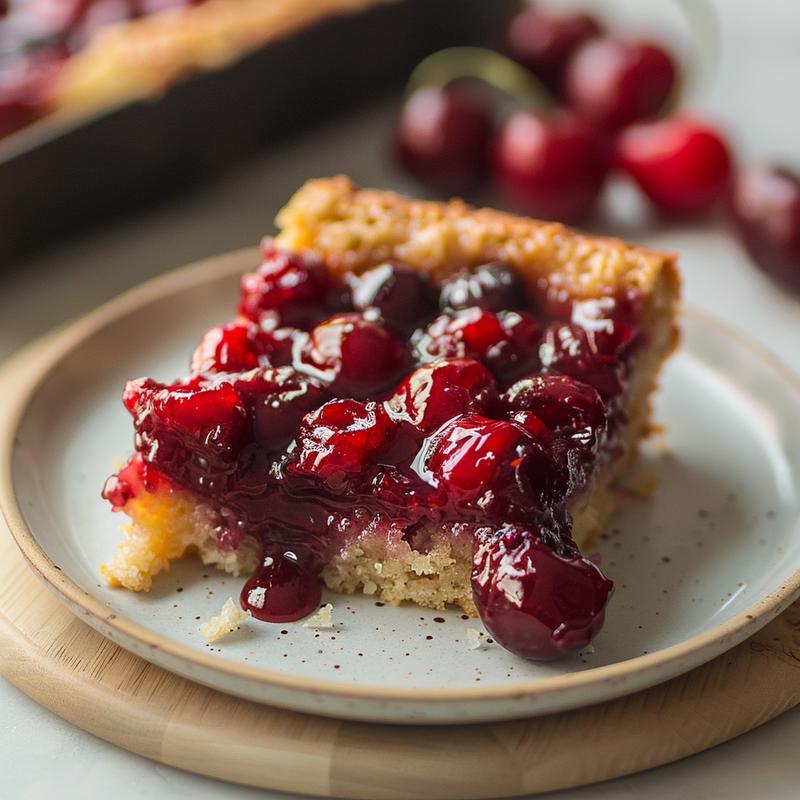 Close-up of a slice of cherry dump cake on a light wood board.