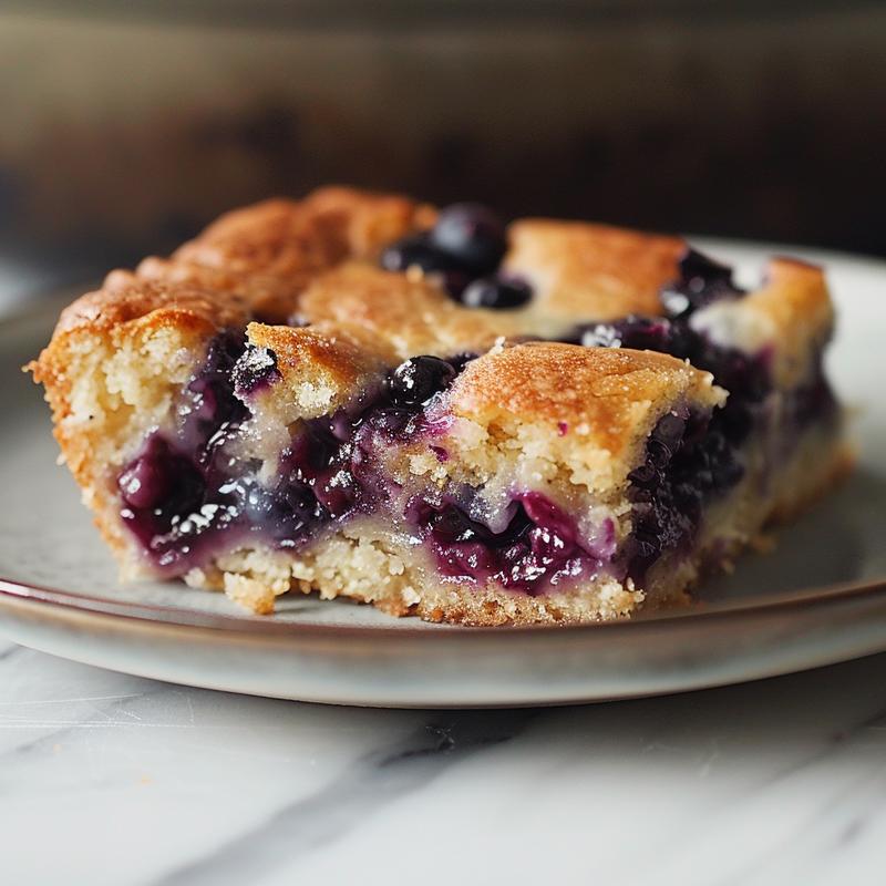 A close-up of a slice of blueberry dump cake on a white marble plate.