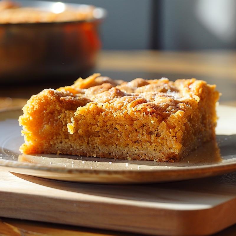 A perfectly sliced pumpkin dump cake on a minimalist plate atop a light wood board, with natural lighting highlighting its texture.