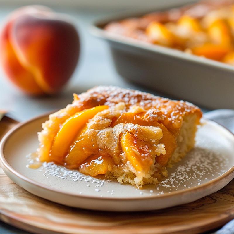 Close-up of a slice of peach dump cake on a light wood board, showcasing its texture.