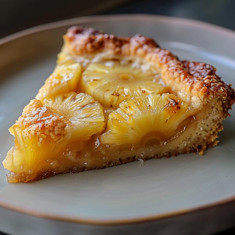 A close-up of a slice of pineapple dump cake cobbler on a light grey plate.