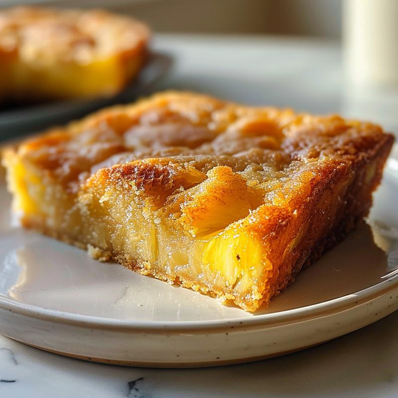 A close-up of a slice of pineapple dump cake on a white plate against a marble background.