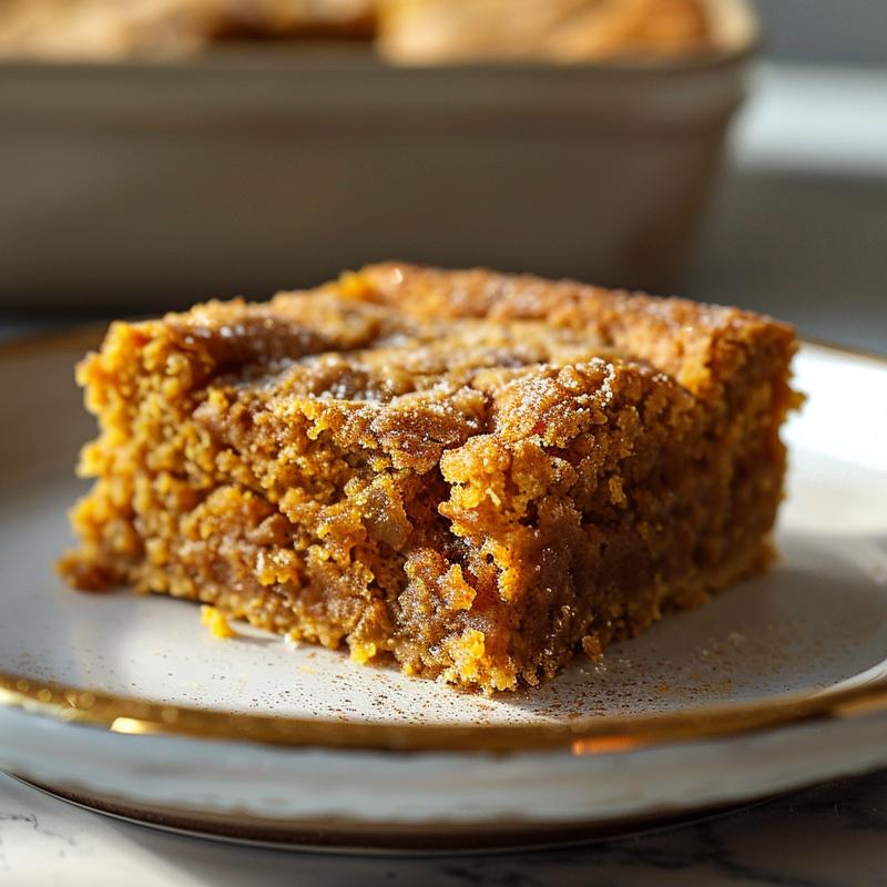Close-up of a slice of pumpkin dump cake on a white marble plate, showcasing its texture.