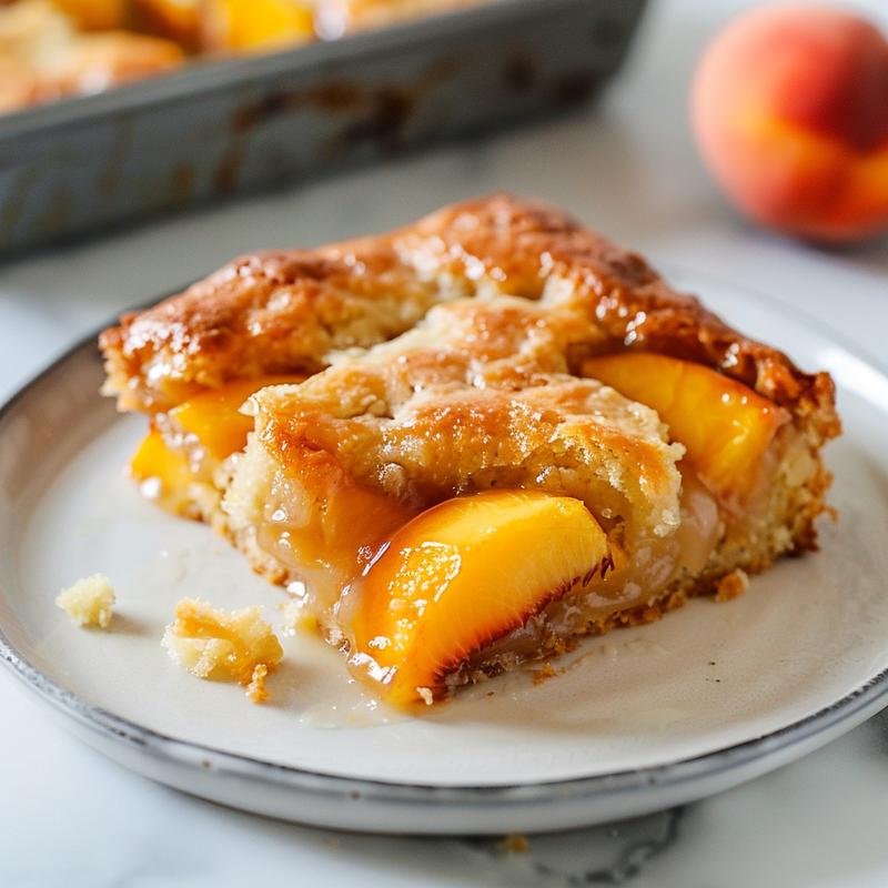 Close-up of a slice of peach dump cake on a white marble plate, showcasing its texture.