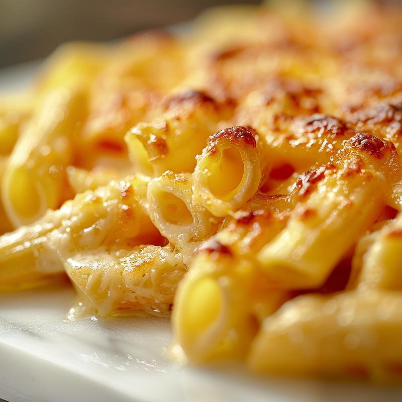 Close-up view of a cheesy baked penne dish on a marble surface.