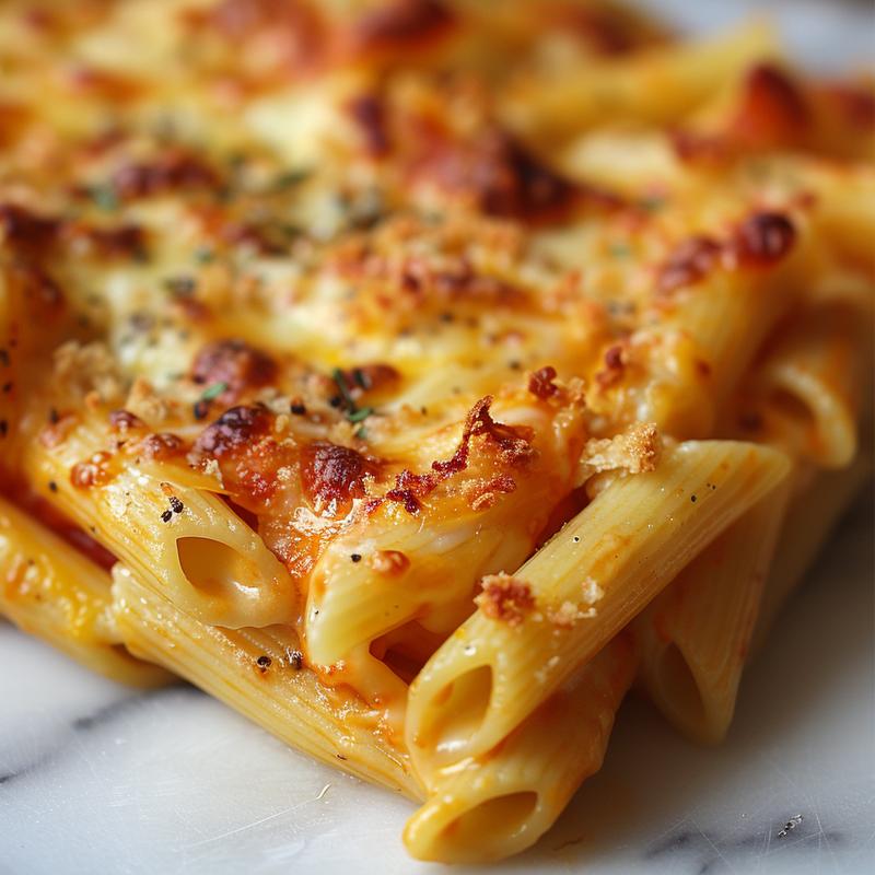 Close-up of a creamy, cheesy penne pasta bake on a white marble surface, showcasing its textures.