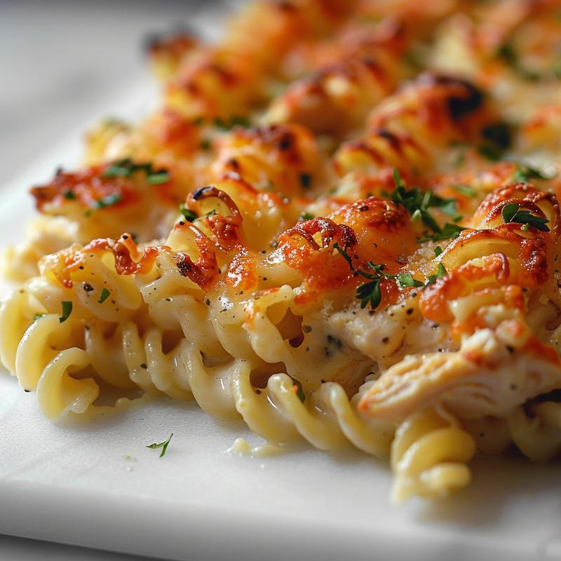 Close-up of a cheesy garlic chicken pasta bake on a white marble surface, showing rich textures and melted cheese.