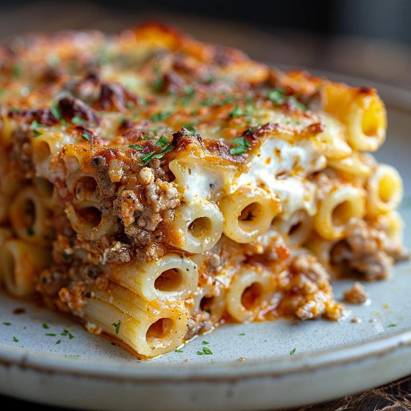 Close-up of a creamy Italian pasta bake on a light grey ceramic plate with defined textures.