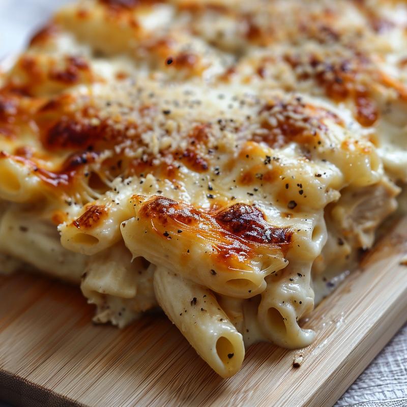Close-up of a cheesy garlic chicken pasta bake on a wooden board.