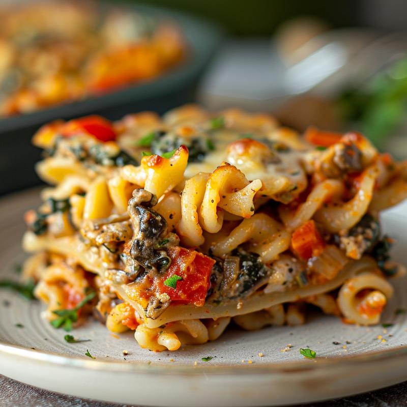 Close-up of a creamy vegetarian baked ziti on a light grey plate, showcasing its cheesy layers and pasta texture.