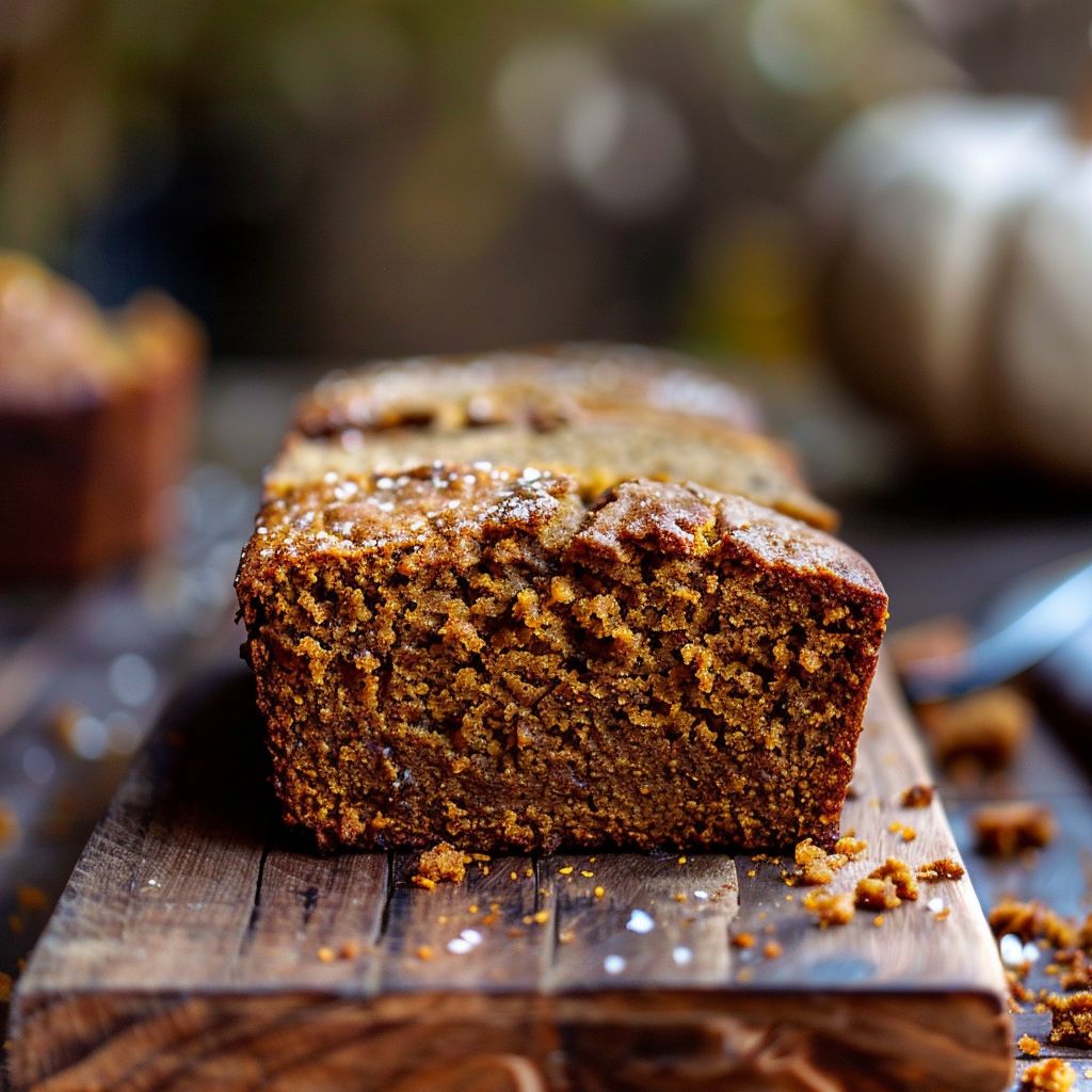 A slice of moist pumpkin bread with a soft texture, displayed on a rustic wooden table.