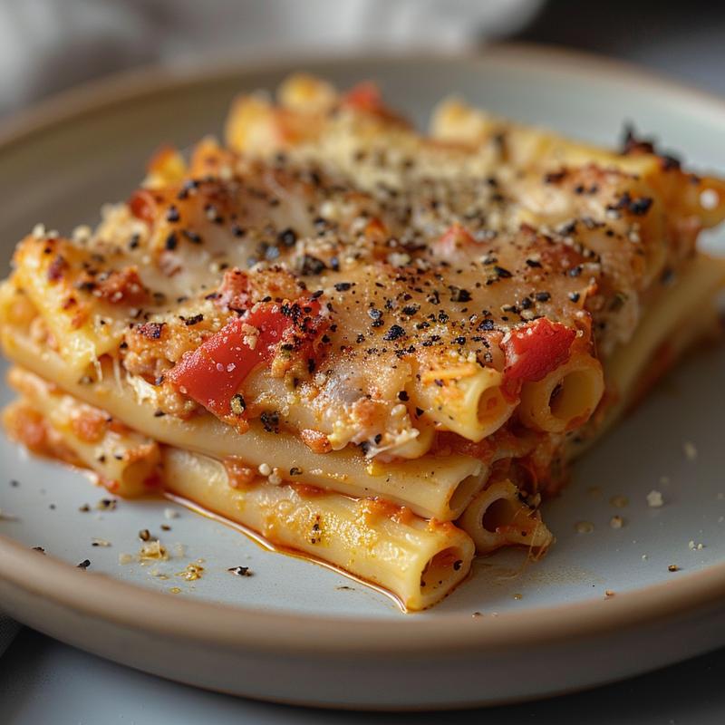 Close-up view of a golden-brown no-boil pasta bake on a light grey plate.
