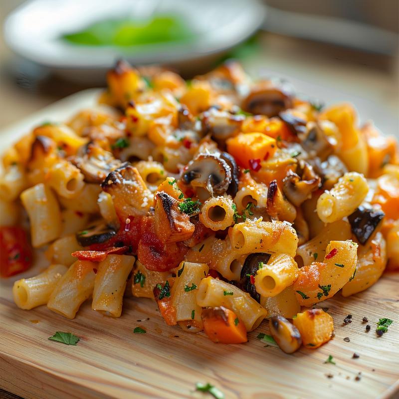 Close-up of a creamy broccoli pasta bake on a wooden board with natural light.
