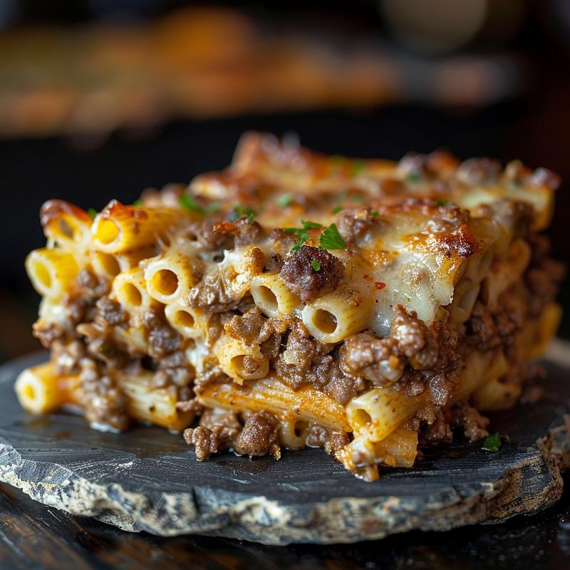 Close-up of a delicious ground beef and pasta casserole on a rustic slate plate.