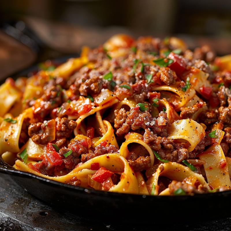 Close-up of a serving of ground beef pasta with rich sauce on a cast iron surface.