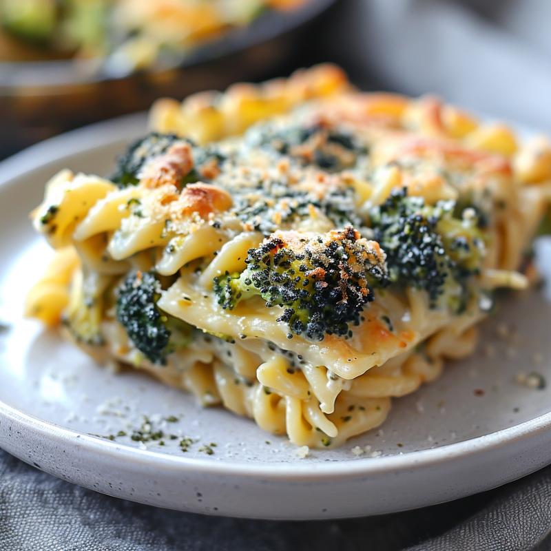 Close-up of a creamy no-boil broccoli pasta bake on a light grey plate.