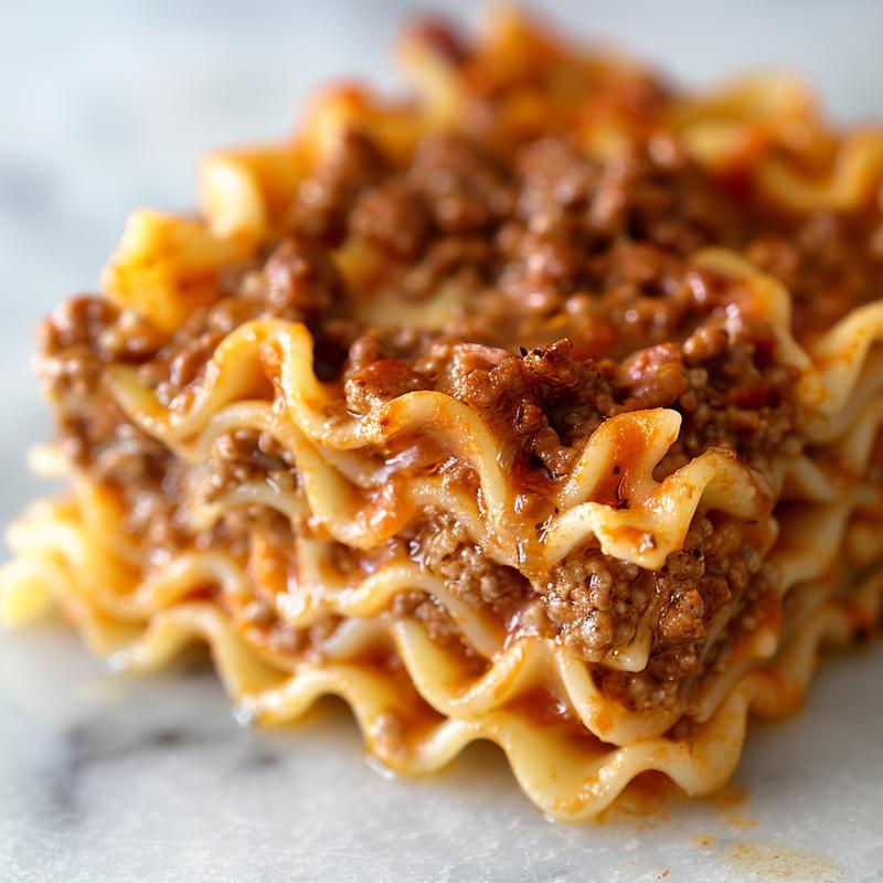 A close-up shot of baked ziti with melted cheese on a white marble surface.