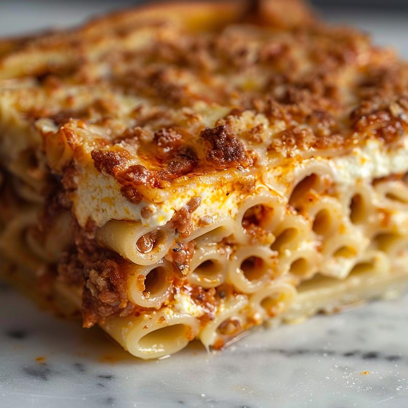 Close-up of a creamy ricotta pasta bake with golden-brown edges on a white marble surface.