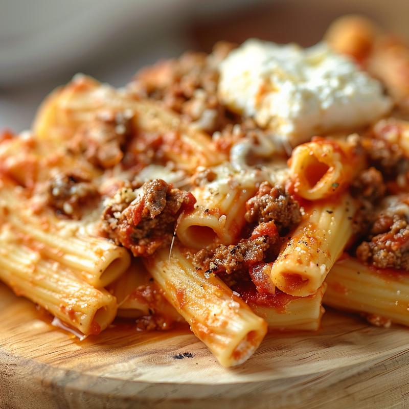 Close-up of baked ziti topped with ricotta cheese and meat sauce on a wooden board.