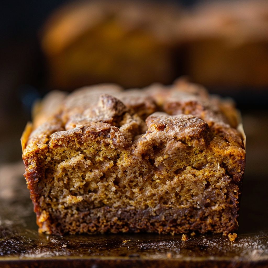 A loaf of cinnamon pumpkin bread sliced and displayed on a wooden cutting board.