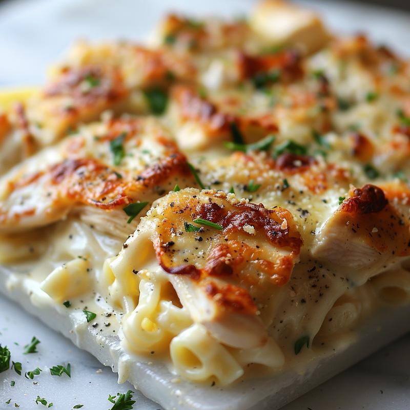Close-up of baked chicken alfredo pasta on a marble surface.
