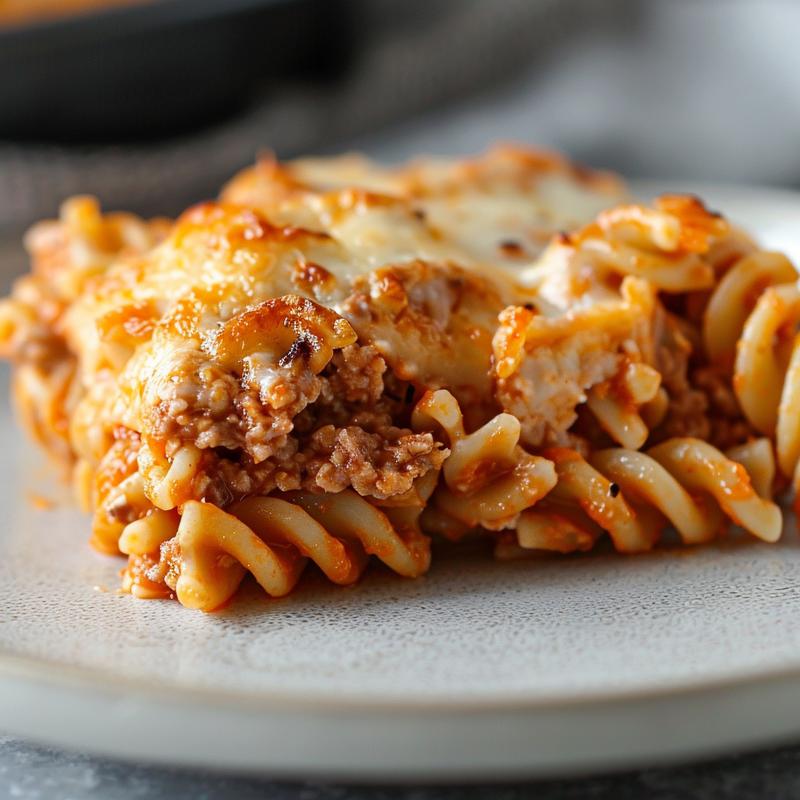 Close-up of a healthy chicken and broccoli pasta bake on a light grey plate.