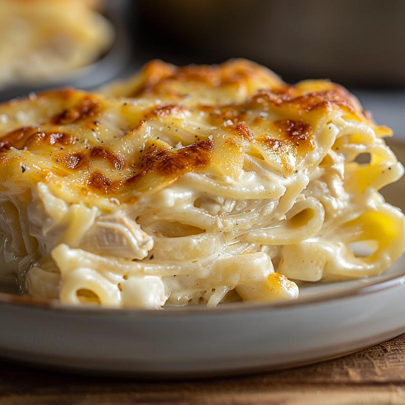 Close-up of baked chicken alfredo pasta in a minimalist setting.