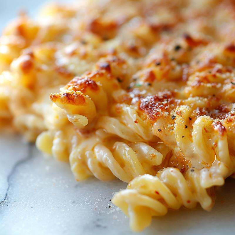 Close-up of a cheesy pasta bake on a white marble surface, showcasing golden cheese and pasta texture.