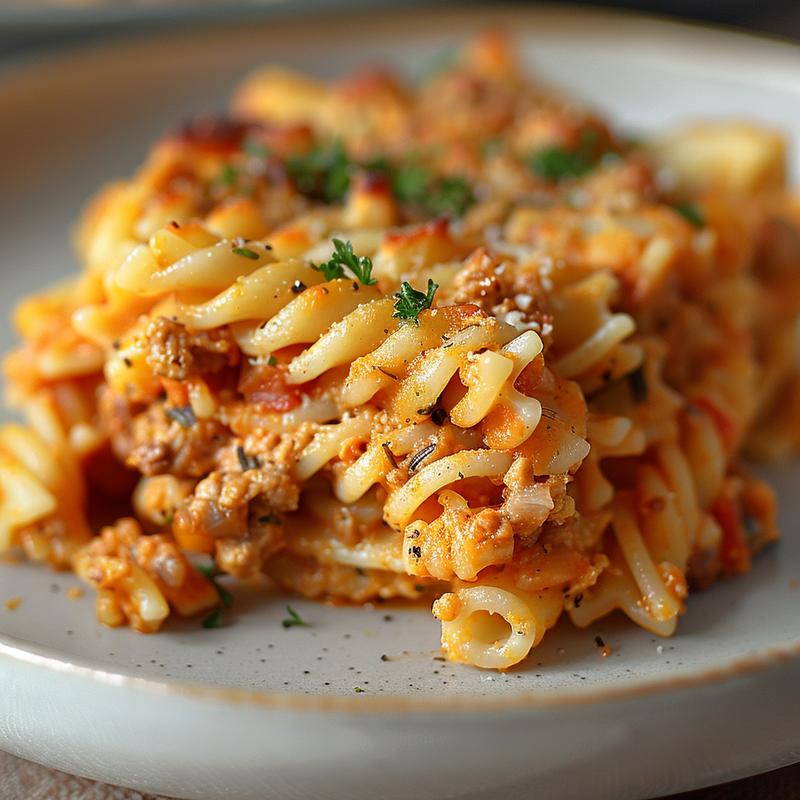 Close-up of a delicious vegan pasta bake on a light grey ceramic plate.