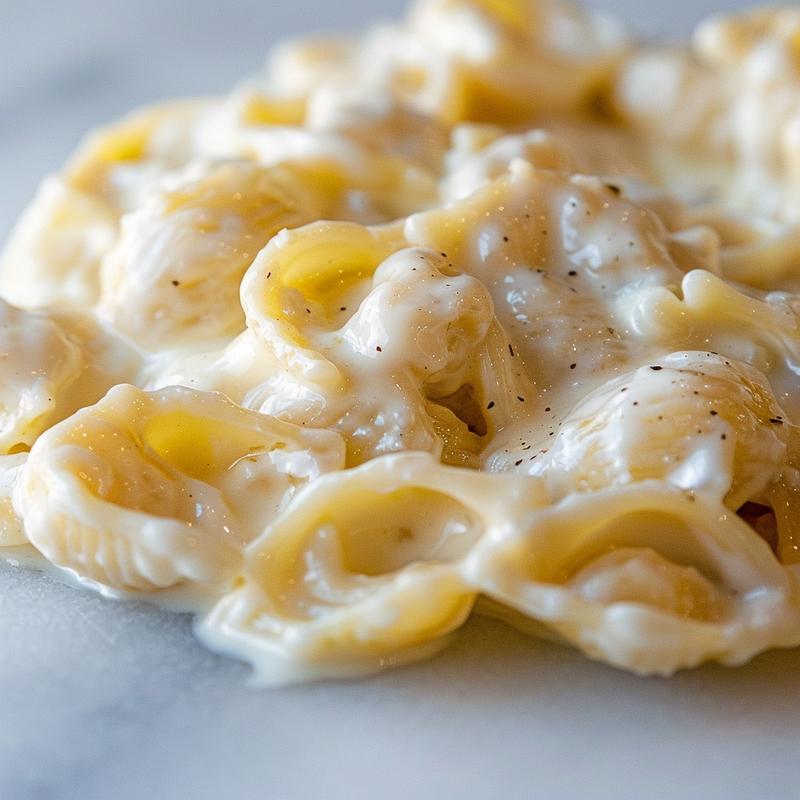 A close-up view of creamy white sauce pasta with a smooth texture on a white marble surface.