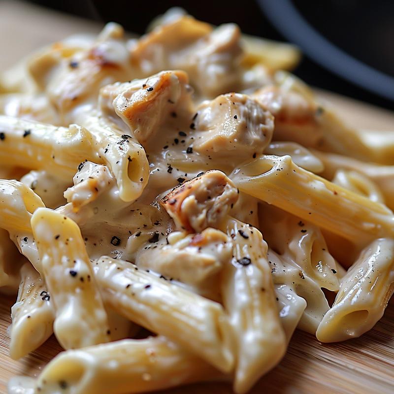 A creamy white sauce pasta with chicken served on a light wood board.