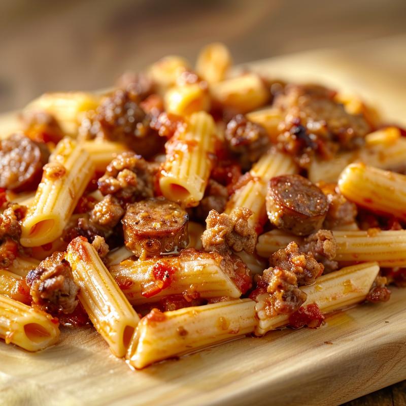 Close-up of baked penne pasta with sausage on a light wooden surface, highlighting the textures and colors.