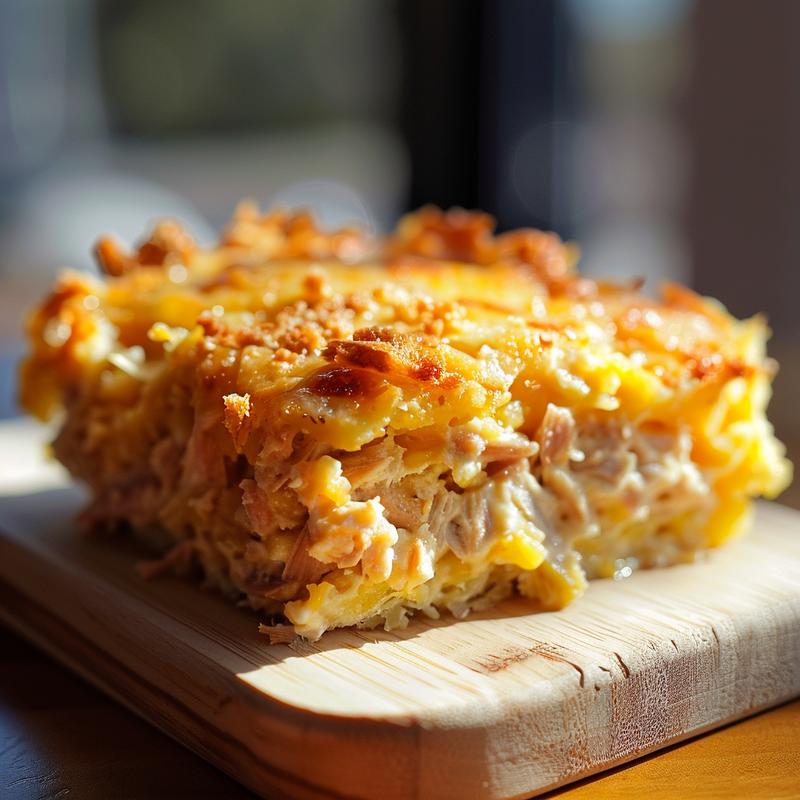 Close-up of a portion of classic tuna casserole on a natural wood board.