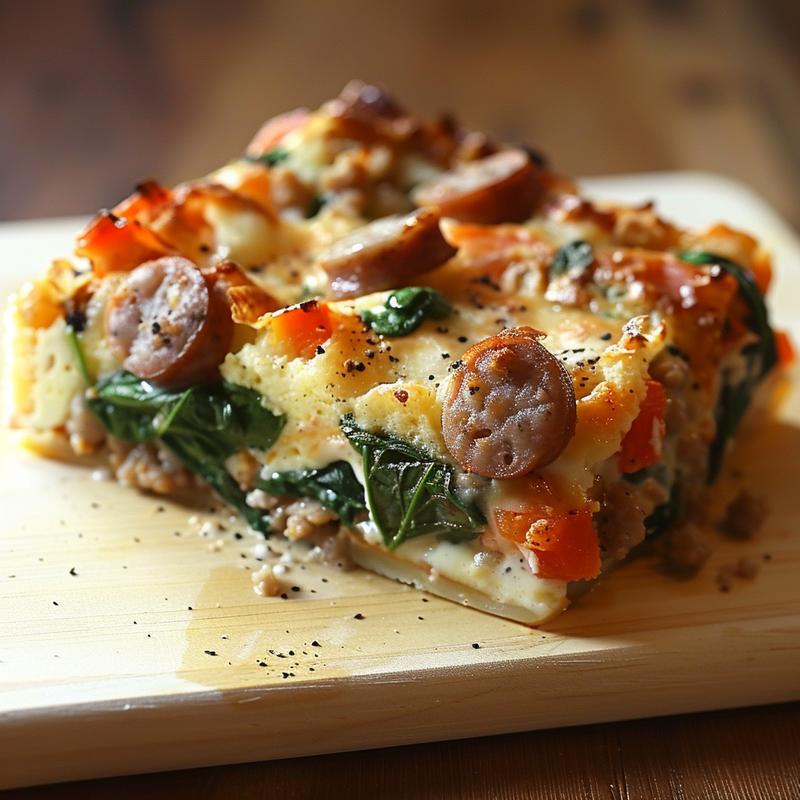 Close-up of a high-protein breakfast casserole featuring turkey sausage and spinach on a wood board.