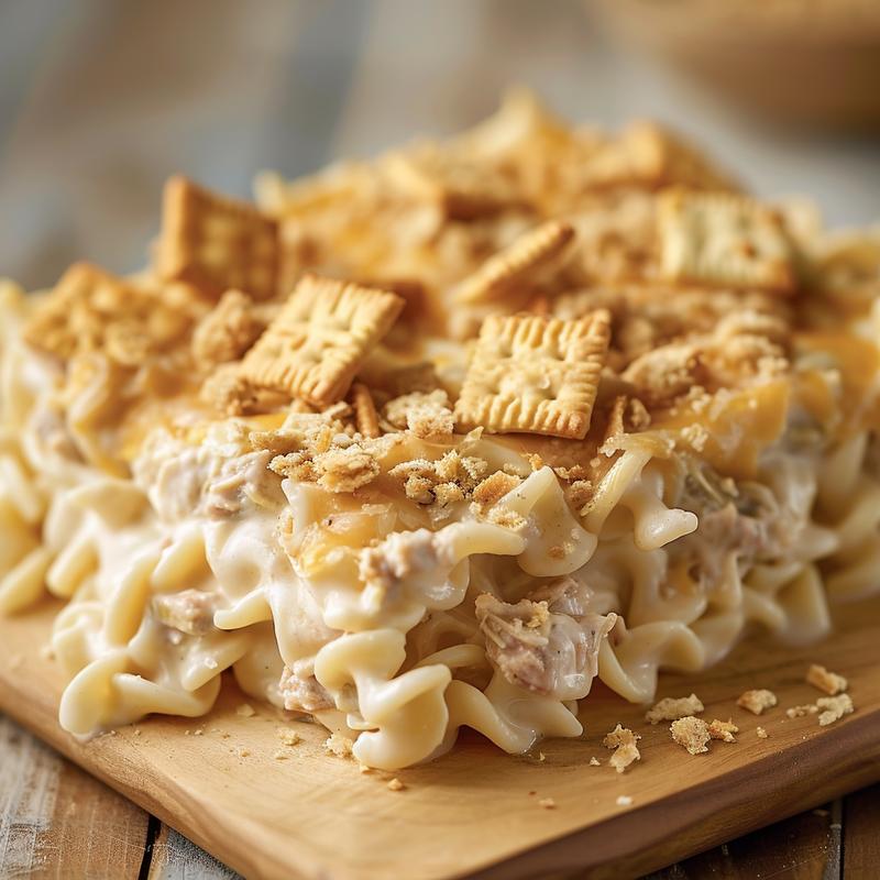 Close-up of creamy tuna noodle casserole topped with Ritz crackers on a wooden board.