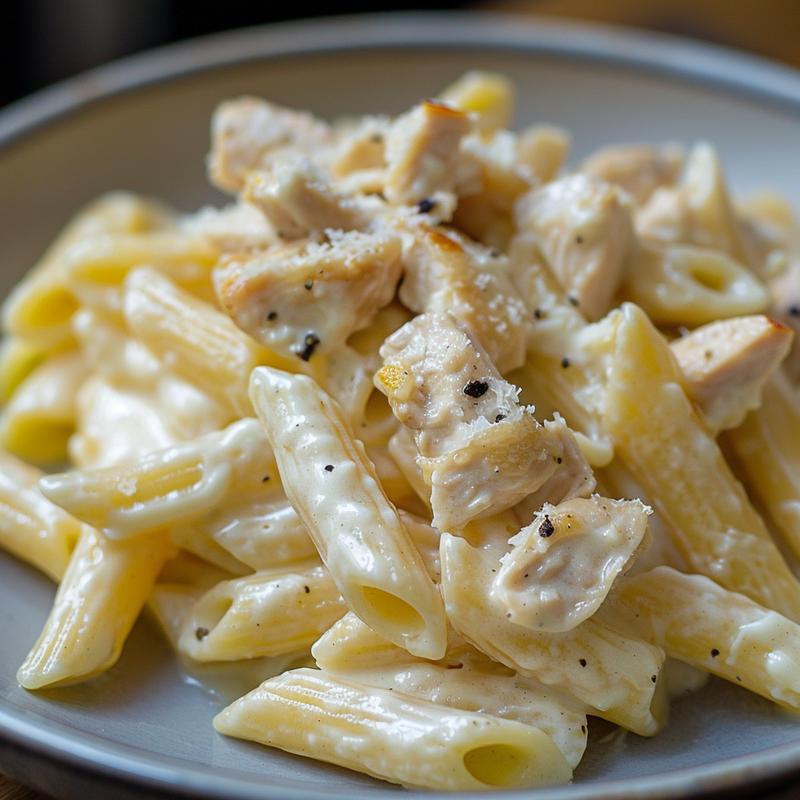 Close-up of creamy white sauce pasta with chicken on a light grey plate.