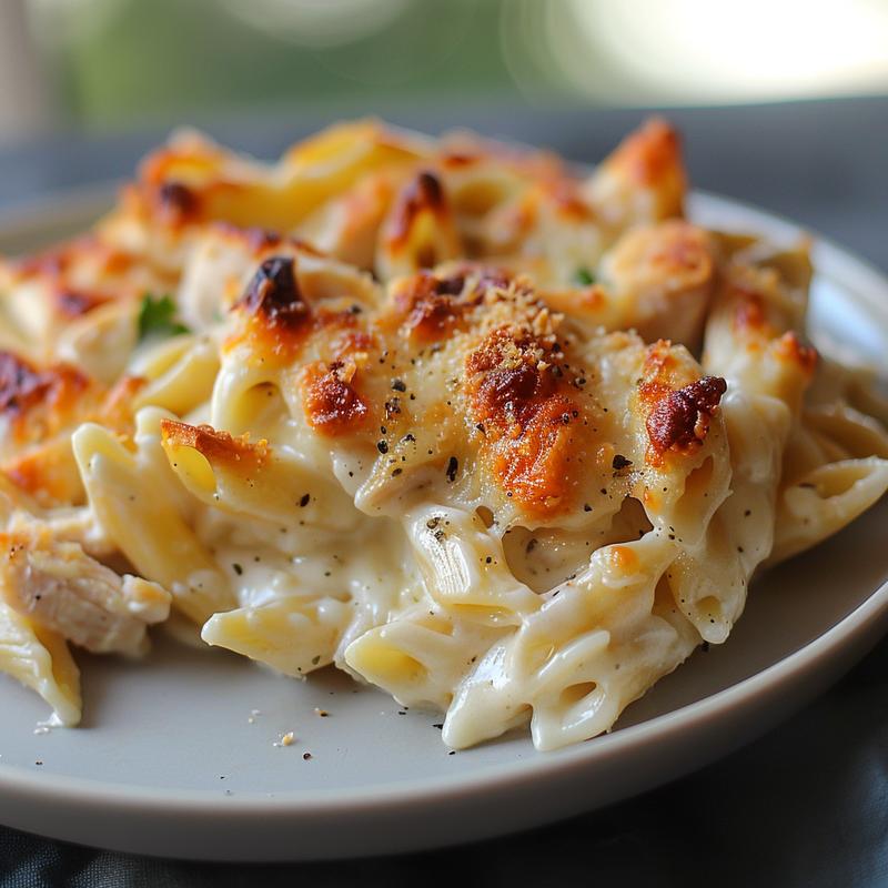 Close-up of baked chicken alfredo pasta on a light grey ceramic plate.
